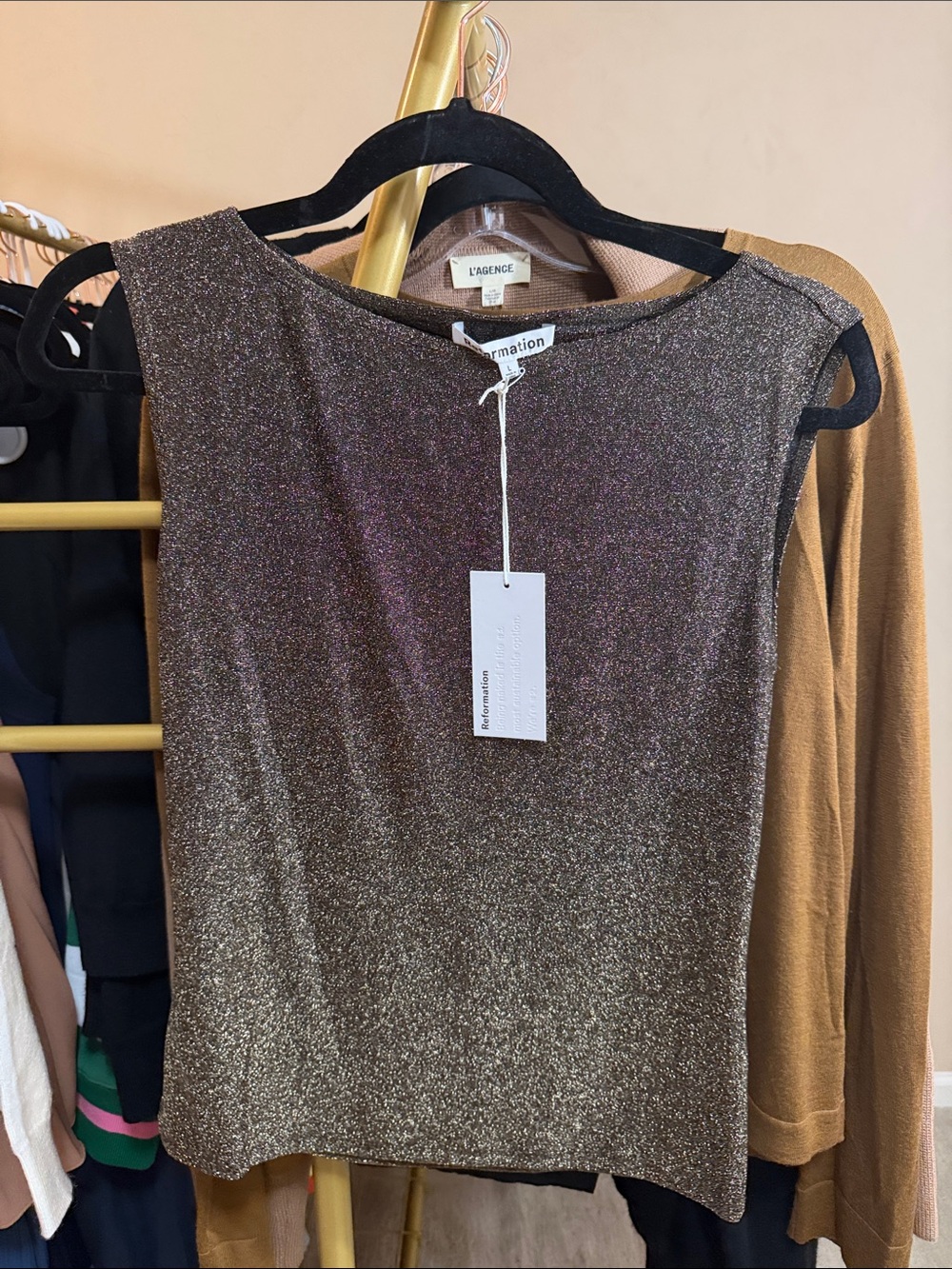 Reformation Metallic Bronze Glitter Strapless Top